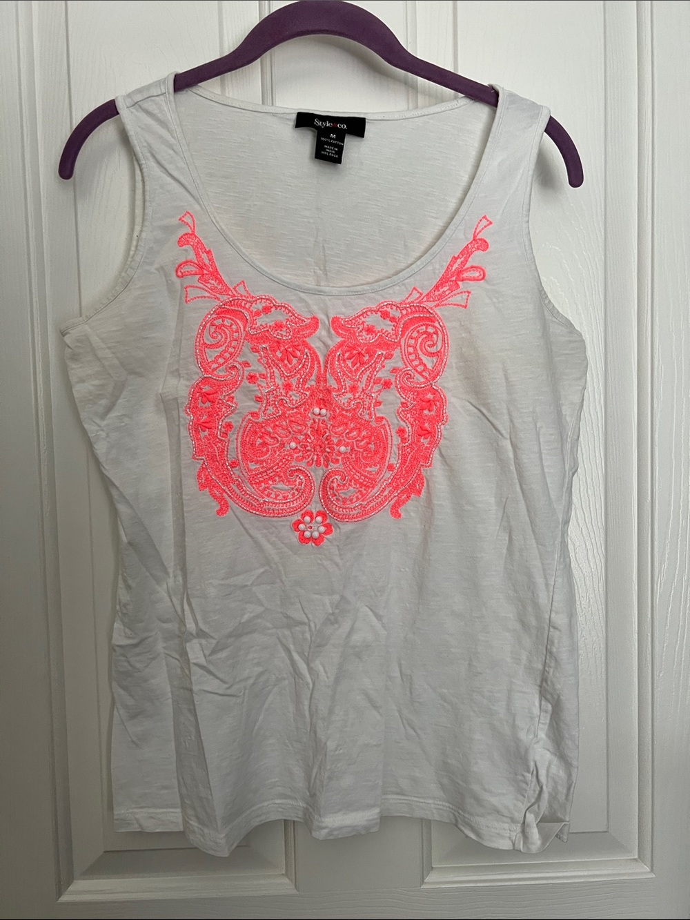 Style & Co. White Tank with Neon Pink Embroidered Motif
